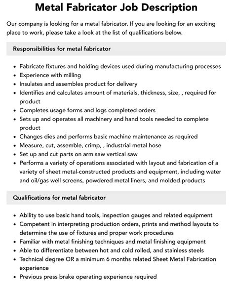 metal fabricator duties and responsibilities|fabricator job requirements.